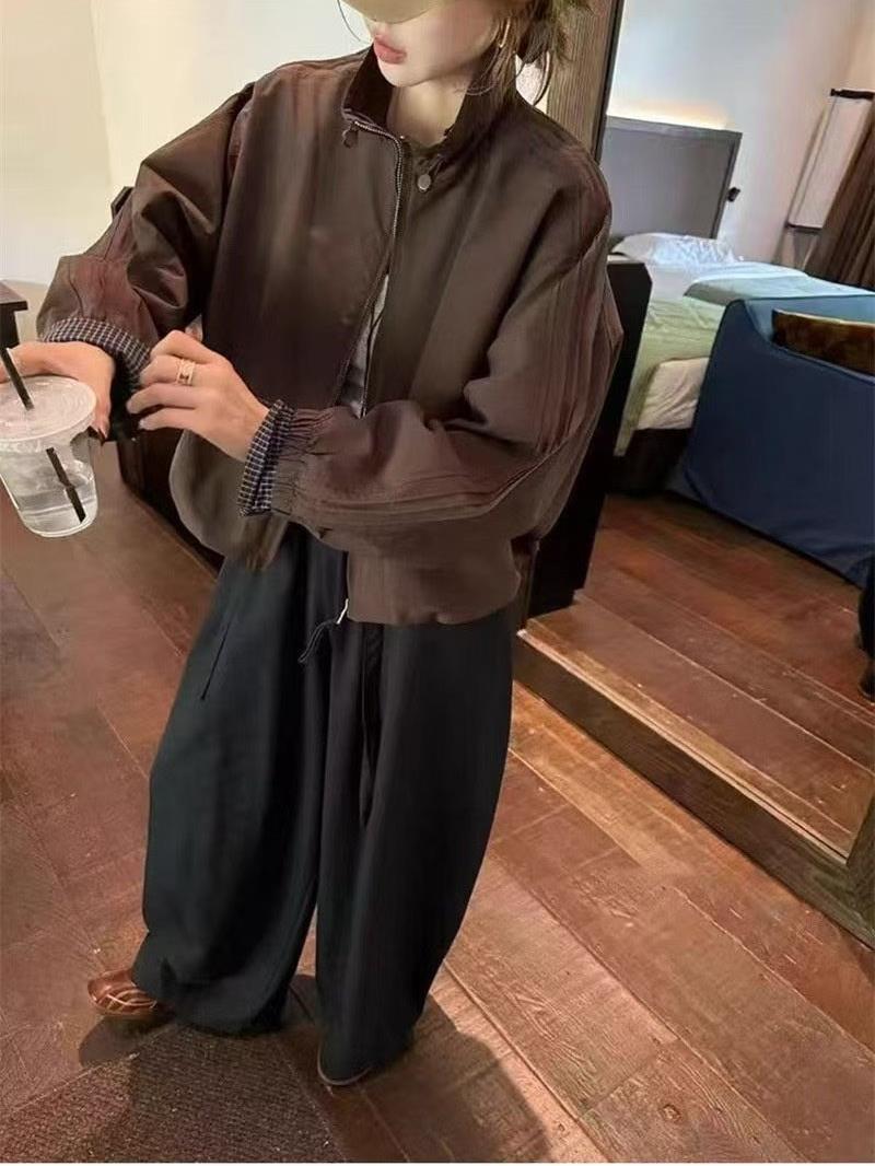 格紋手袖抽繩夾克外套